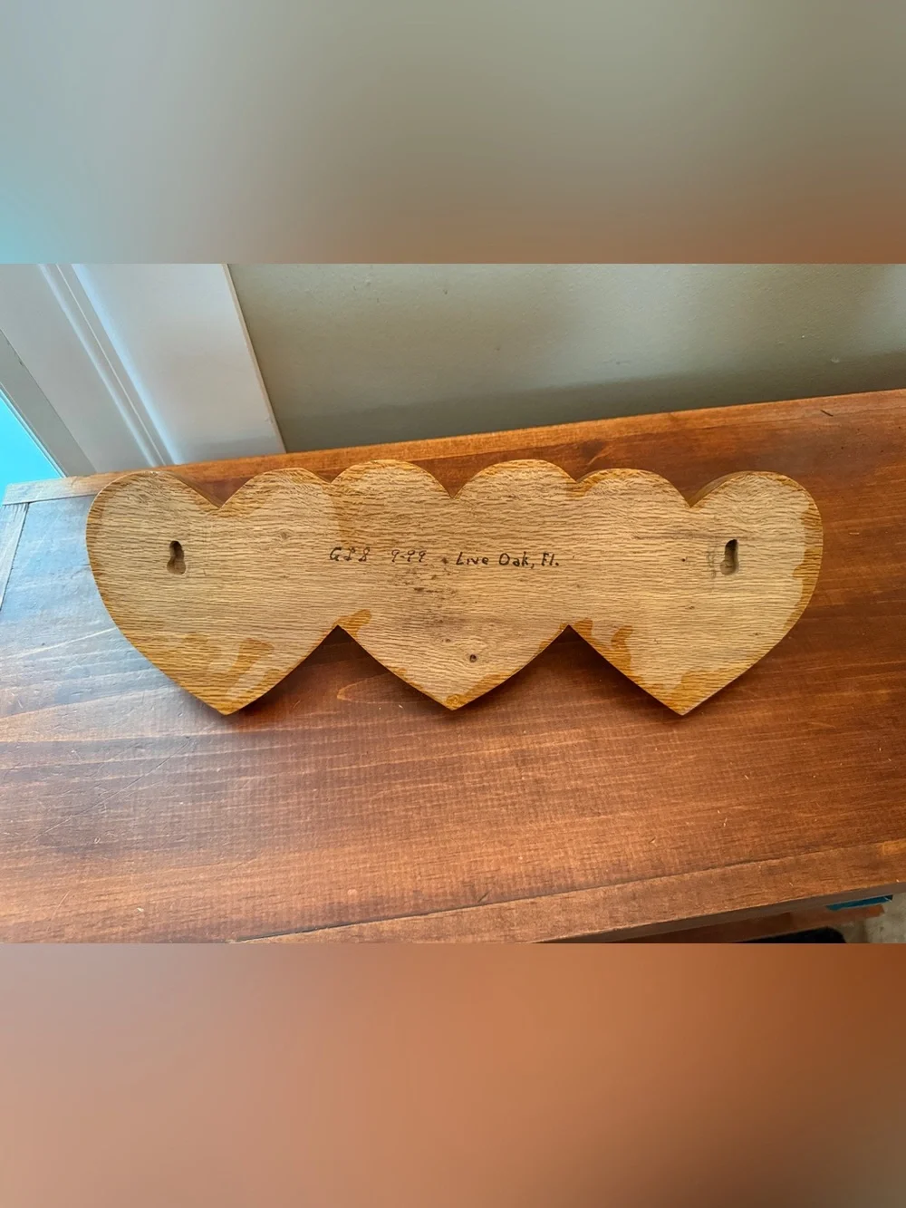 Vintage Handmade Triple Heart Wooden Peg Rack Folk Art Live Oak FL